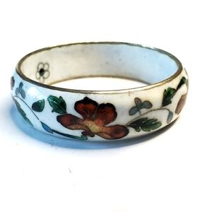 Vintage Cloisonné Creamy White + Gold Lotus Flower Bangle Bracelets
